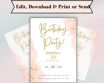 Invitación de cumpleaños editable con tema rosa/pastel