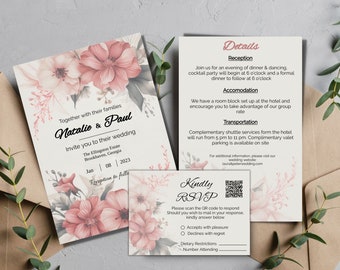 Pink Floral Wedding Invitation Template Set | Printable | Elegant invite, details & rsvp set | Edit with TEMPLETT | Instant Download