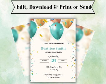Plantilla de invitación de cumpleaños / Descarga de invitación de cumpleaños de moda moderna / Invitación a fiesta de cumpleaños de niña de oro azul / Invitación de plantilla editable