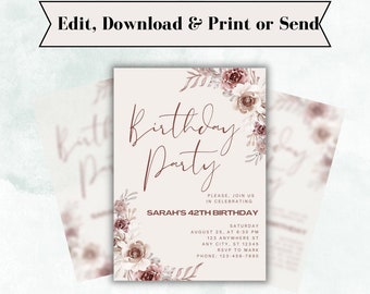 Invitación de cumpleaños editable con tema floral