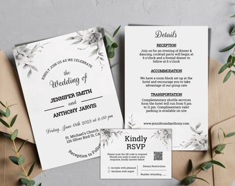 Floral Wedding Invitation Template Set | Printable Invitation | Elegant invite, details & rsvp set | Edit with TEMPLETT | Instant Download