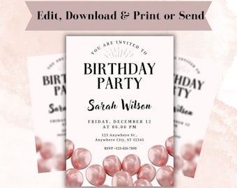 Invitación de cumpleaños editable con tema de globo rosa