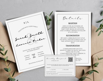 Conjunto de plantillas de invitación de boda minimalista / Invitación imprimible / Invitación de moda, detalles y conjunto de rsvp / Editar con TEMPLETT / Descarga instantánea