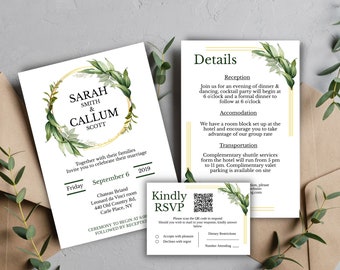 Plantilla de invitación de boda verde, invitación de boda imprimible, invitación de boda, editar con TEMPLETT, descarga instantánea