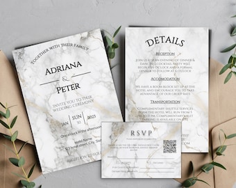 Marble Wedding Invitation Template Set | Printable Invitation | Elegant invite, details & rsvp set | Edit with TEMPLETT | Instant Download