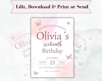 Invitación de cumpleaños editable / Mariposa rosa acuarela / Descarga instantánea / Invitación para fiesta de 16 años / Plantilla digital para adolescente