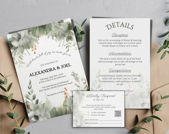 Green Floral Wedding Invitation Template Set | Printable Invitation | Elegant invite, details & rsvp set | Edit TEMPLETT | Instant Download