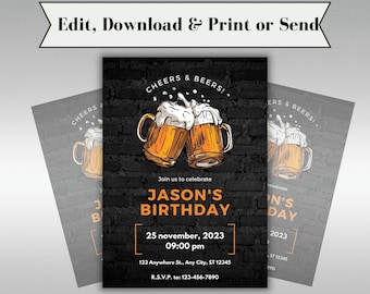 Plantilla de invitación de cumpleaños / Descarga de invitación de cumpleaños de moda / Invitación a fiesta de cumpleaños digital Black & Beers / Invitación de plantilla editable