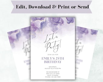 Invitación de cumpleaños editable con temática morada