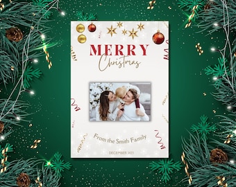 Plantilla de tarjeta navideña con fotografía minimalista moderna, tarjeta de Navidad simple imprimible, tarjeta navideña con imagen familiar editable, descarga instantánea