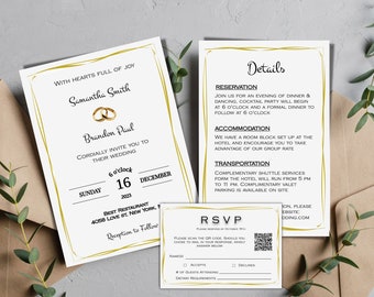 Gold wedding invitation template set | gold frame wedding invite suite | printable elegant invite, details & rsvp bundle | editable download