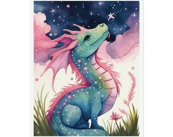 Poster acquerello fantasy con drago da favola per la cameretta dei bambini in rosa e blu per la sala giochi della cameretta delle bambine, stampa arrotolata da 8" x 10"