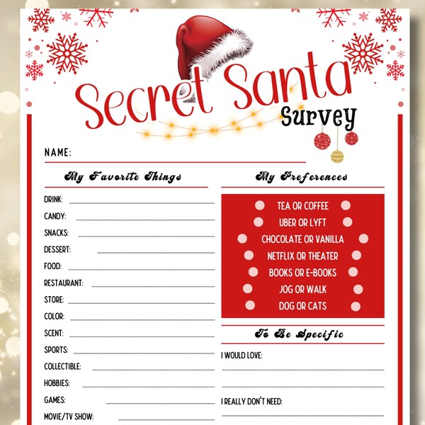 Secret Santa Questionnaire Printable, Secret Santa Survey, Holiday Gift Exchange Survey, White Elephant, Christmas Wish List, Yankee Swap