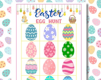 May include: A printable Easter egg hunt game with a grid of 12 colorful eggs with different patterns. The text "Easter Egg Hunt" is at the top of the page.