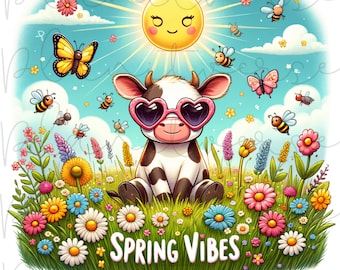 Spring Vibes PNG, Hello Spring PNG Designs, Spring Clipart, Spring Flowers, Spring PNG, Transparent background, Cow Png, Digital Download