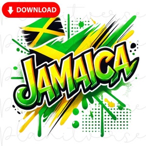 May include: A vibrant graphic design featuring the word "JAMAICA" in bold, graffiti-style lettering. The design incorporates the colors of the Jamaican flag: green, yellow, and black, with a stylized flag element and paint splatter effects. A red "DOWNLOAD" button is in the upper left.