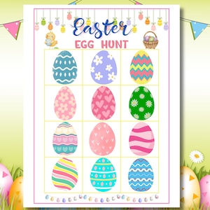 May include: A printable Easter egg hunt game with a grid of 12 colorful eggs with different patterns. The text "Easter Egg Hunt" is at the top of the page.