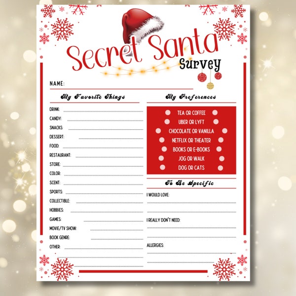 Secret Santa Survey, Secret Santa Questionnaire Printable, Holiday Gift Exchange Survey, White Elephant, Christmas Wish List, Yankee Swap