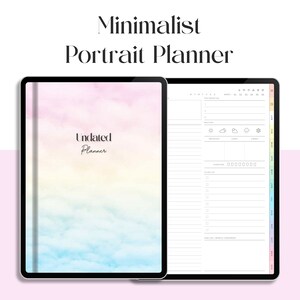 May include: A digital planner with a watercolor background in shades of pink, yellow, and blue. The planner is undated and has a minimalist design. The planner includes sections for daily tasks, notes, and a monthly calendar.