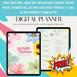Peut inclure: Un planificateur num&eacute;rique sur le th&egrave;me floral, avec un tournesol, des fleurs roses et bleues, et le texte "petals & plans". Le planificateur est gratuit avec chaque achat jusqu'au jour du Travail. Le planificateur est enti&egrave;rement hyperli&eacute; avec une application d'annotation PDF.