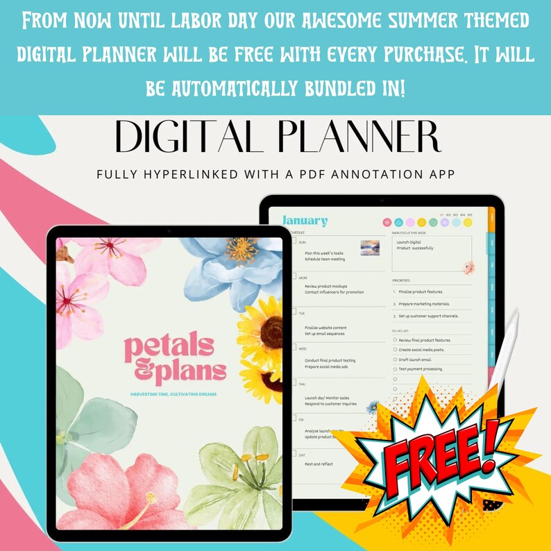 Peut inclure: Un planificateur num&eacute;rique sur le th&egrave;me floral, avec un tournesol, des fleurs roses et bleues, et le texte "petals & plans". Le planificateur est gratuit avec chaque achat jusqu'au jour du Travail. Le planificateur est enti&egrave;rement hyperli&eacute; avec une application d'annotation PDF.