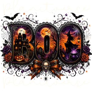 May include: A decorative graphic featuring the word BOO in large letters. The B contains a haunted house and pumpkins, the O shows a graveyard under a full moon, and the second O depicts a witch with a cauldron. Adorned with lace, roses, and a skull.