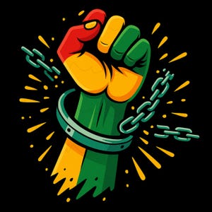 Op de afbeelding: Een grafische illustratie van een gebalde vuist, geschilderd in rood, geel en groen, die uit een groene arm komt. Een zilveren boei omsluit de pols, met een gebroken ketting. Gele sterren stralen uit de vuist tegen een zwarte achtergrond.