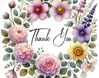 5x Floral Thank You Clipart, Flowers JPG Clipart, Printable Watercolor Clipart, Wall Art, Paper Crafts, Floral Frame, Junk Journals, Wreath
