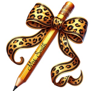 Teacher Pencil Leopard Print Coquette Bow PNG, Custom Teacher Gift, Teacher Coquette PNG, Pencil Bow Png, Teacher Appreciation Gift, DTF Png