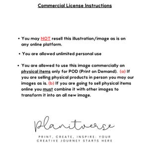 Puede incluir: Un documento blanco con texto negro titulado "Instrucciones de licencia comercial". El texto detalla los t&eacute;rminos de uso, incluidas las restricciones sobre la reventa de la ilustraci&oacute;n y las pautas para el uso comercial en art&iacute;culos f&iacute;sicos. El logotipo de Planitverse est&aacute; en la parte inferior.