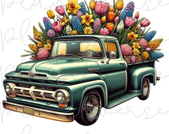 Floral Truck Clipart,  Flower Truck PNG Images, Floral Truck Sublimation, Vintage Truck With Flowers, Floral Truck DTF PNG, T-Shirt for Mom