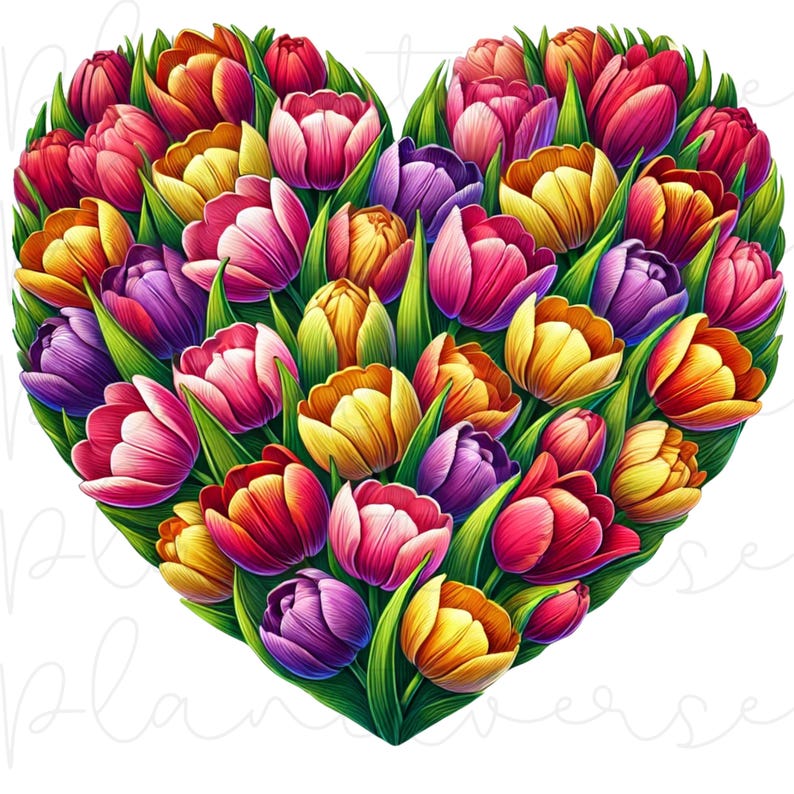 Pode incluir: Um arranjo em forma de cora&ccedil;&atilde;o de tulipas coloridas. As flores s&atilde;o em tons de vermelho, rosa, roxo e amarelo, com folhas verdes. Um design floral vibrante e alegre.
