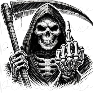 May include: Black and white illustration of the Grim Reaper giving the middle finger. The Reaper is wearing a hooded robe and holding a scythe.
