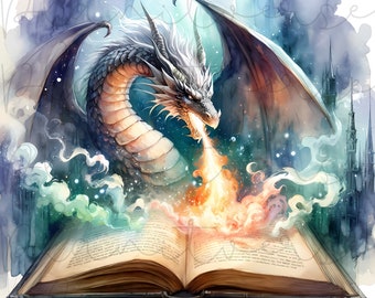 Dragon Fantasy, Book Watercolor, Book Clipart, Watercolor Clipart, Dragon Clipart Book, Art Book, Dragon Fantasy Scrapbooking, Dragon Design