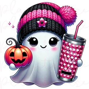 May include: A white ghost wearing a black and pink knit hat with a pom-pom, holding a pink pumpkin and a pink and silver tumbler with a straw.