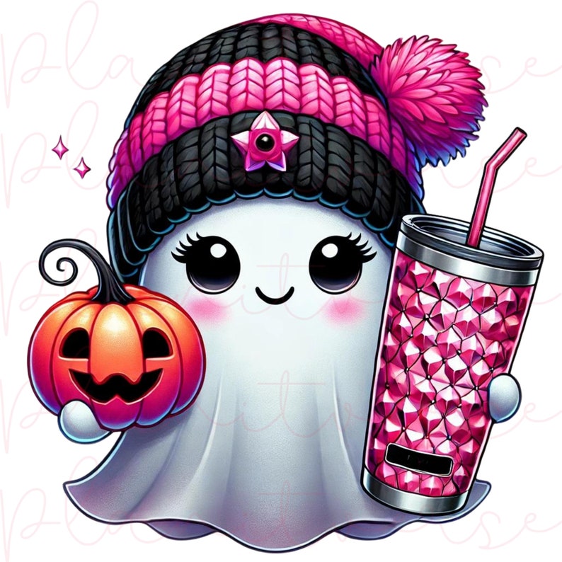 May include: A white ghost wearing a black and pink knit hat with a pom-pom, holding a pink pumpkin and a pink and silver tumbler with a straw.