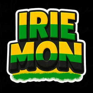 May include: A sticker with the words "IRIE MON" in yellow and green, outlined in white, on a black background. The letters are in a 3D style, with a green and yellow stripe in the middle of each letter.