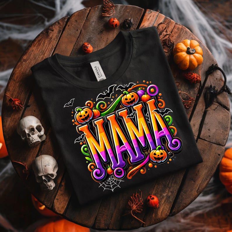 Puede incluir: Camiseta negra con la palabra "MAMA" en naranja, amarillo y morado, rodeada de gr&aacute;ficos tem&aacute;ticos de Halloween. El dise&ntilde;o incluye calabazas, murci&eacute;lagos y remolinos. La camiseta est&aacute; sobre una superficie de madera con decoraciones de Halloween.
