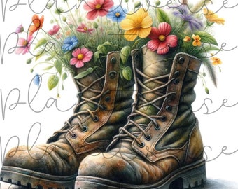 Spring PNG, Floral Boots Clipart, Hello Spring, Clipart PNG, Floral Clipart, Spring graphics, Transparent Background, Commercial use