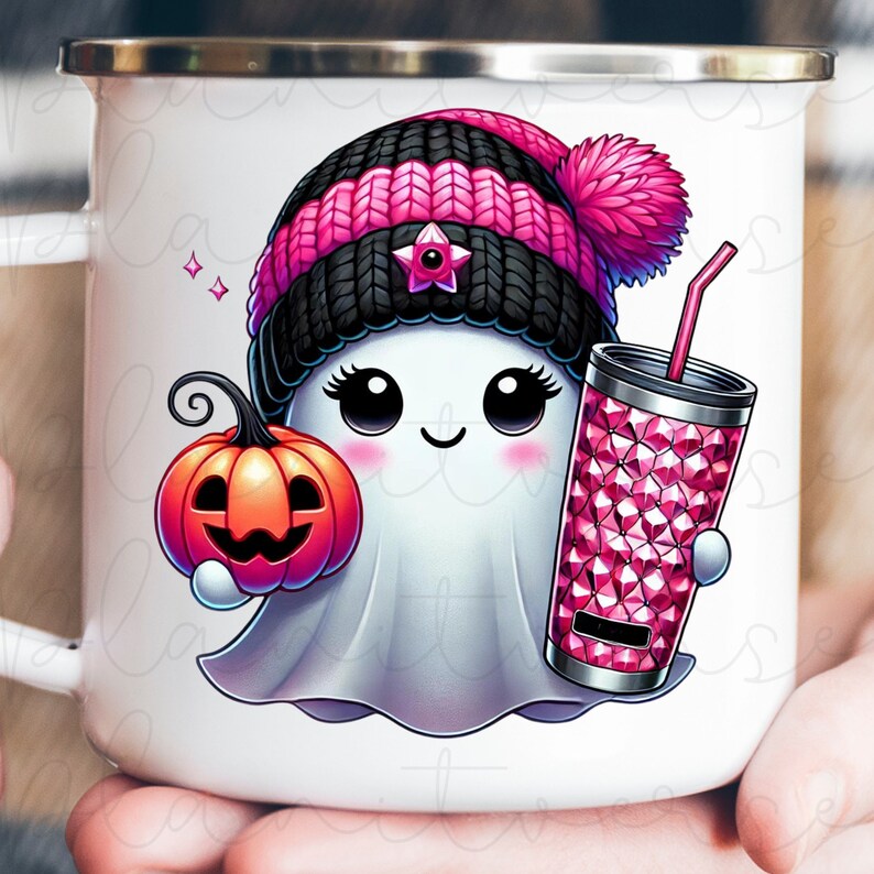 May include: A white ceramic mug with a pink and black ghost wearing a pink and black knit hat holding a pink pumpkin and a pink glittery cup with a straw.