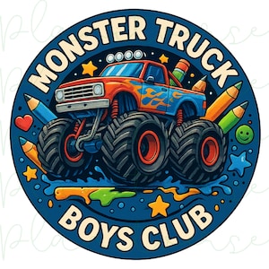 Puede incluir: Gr&aacute;fico circular con un dise&ntilde;o de cami&oacute;n monstruo rojo y azul con llamas. El texto dice "MONSTER TRUCK BOYS CLUB". El dise&ntilde;o incluye l&aacute;pices, estrellas y salpicaduras de pintura, creando una ilustraci&oacute;n vibrante y juguetona.