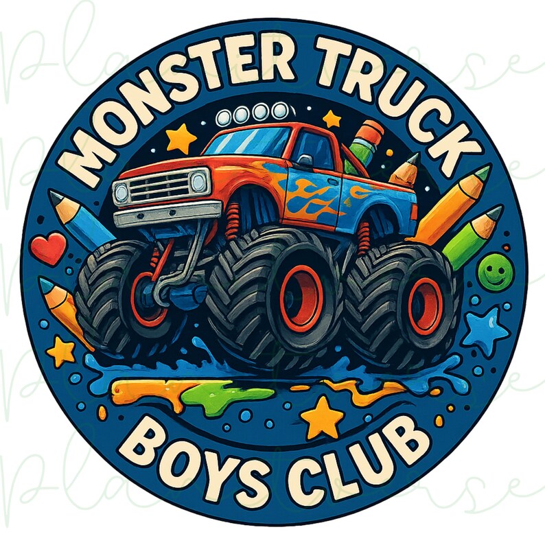 Puede incluir: Gr&aacute;fico circular con un dise&ntilde;o de cami&oacute;n monstruo rojo y azul con llamas. El texto dice "MONSTER TRUCK BOYS CLUB". El dise&ntilde;o incluye l&aacute;pices, estrellas y salpicaduras de pintura, creando una ilustraci&oacute;n vibrante y juguetona.