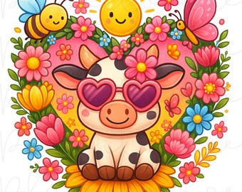 Spring Vibes PNG, Hello Spring PNG Designs, Spring Clipart, Spring Flowers, Spring PNG, Transparent background, Cow Png, Digital Download