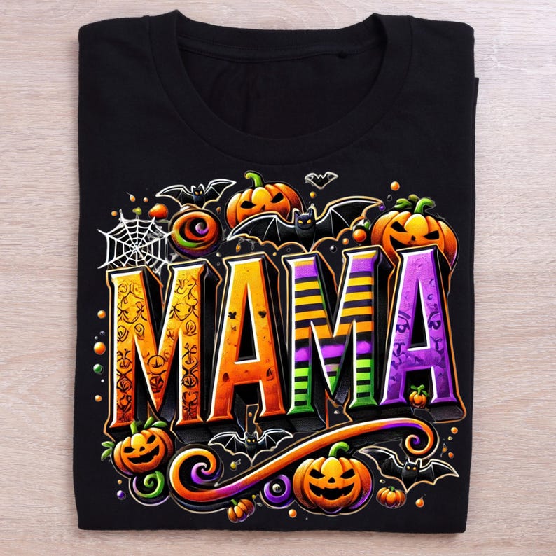 May include: Black t-shirt with a Halloween-themed design featuring the word "MAMA" in colorful, stylized letters surrounded by pumpkins, bats, and spiderwebs.