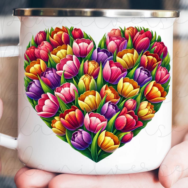 Pode incluir: Caneca de esmalte branco com um design em forma de cora&ccedil;&atilde;o de tulipas coloridas. As tulipas s&atilde;o em tons de vermelho, rosa, amarelo e roxo, com folhas verdes. A caneca tem uma borda prateada e uma al&ccedil;a branca.