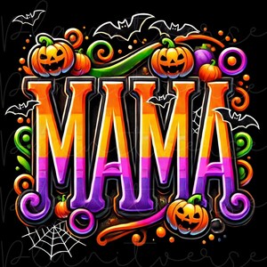 Puede incluir: Un dise&ntilde;o de Halloween con la palabra "MAMA" en letras grandes y coloridas. Las letras transicionan de naranja a rosa a morado, delineadas en negro. Calabazas, murci&eacute;lagos y una telara&ntilde;a rodean el texto sobre un fondo negro.