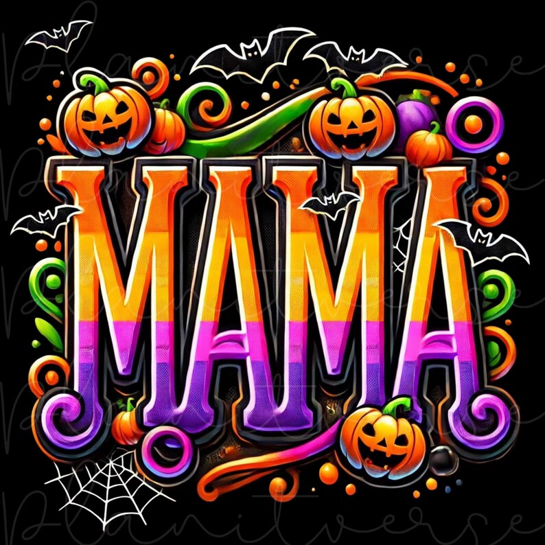 Puede incluir: Un dise&ntilde;o de Halloween con la palabra "MAMA" en letras grandes y coloridas. Las letras transicionan de naranja a rosa a morado, delineadas en negro. Calabazas, murci&eacute;lagos y una telara&ntilde;a rodean el texto sobre un fondo negro.