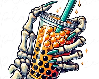 Boba Tea, Summer Vibes Skeleton Clipart, Scary Summer, Halloween PNG, Skeleton Png, Halloween PNG Design, Summer Clipart, Boba Tea Clipart