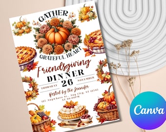 May include: A Thanksgiving dinner invitation with a watercolor illustration of pumpkins, pies, and fall foliage. The text reads "Gather with a Grateful Heart Friendsgiving Dinner Thursday 26 November Hosted by the Jennifer 125 Anywhere St., Any City, ST 12545 at 08:00PM".