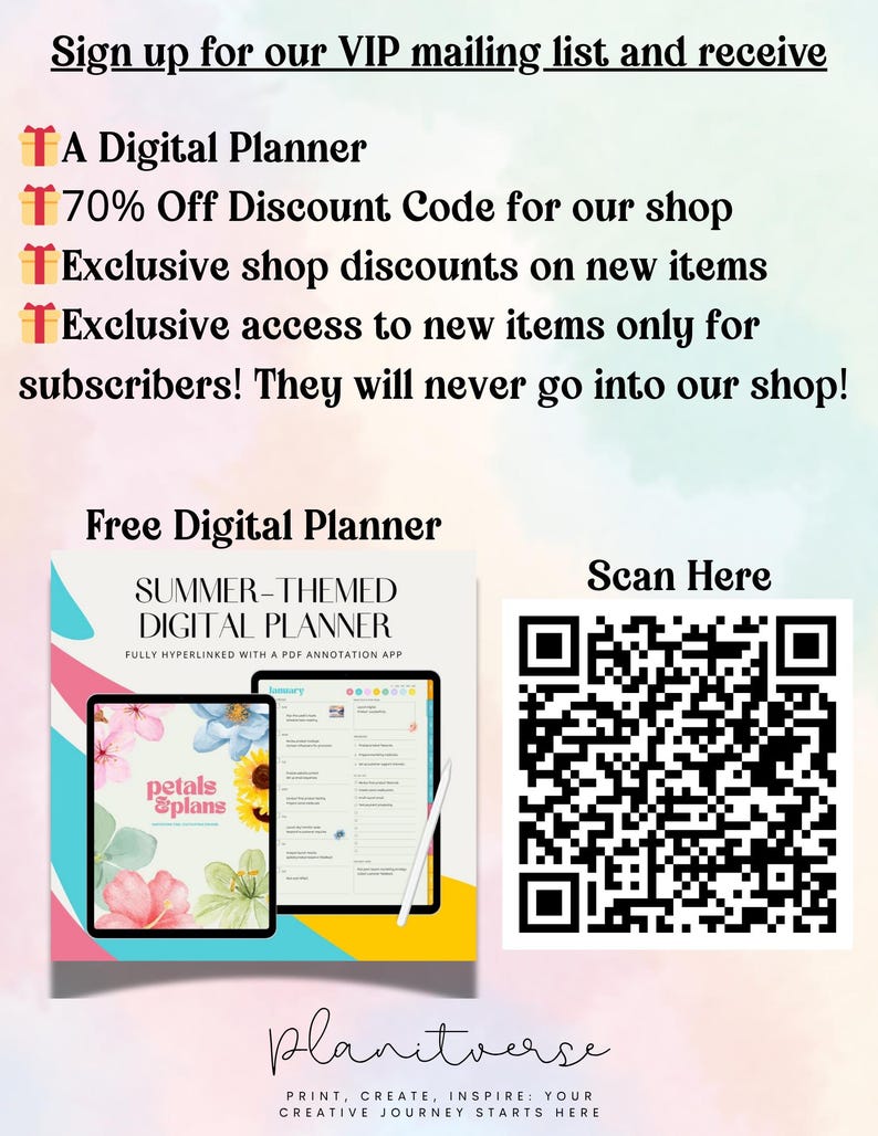 Puede incluir: Gr&aacute;fico promocional para un planificador digital. La imagen presenta una tableta que muestra un planificador digital con tem&aacute;tica de verano con acentos florales. El texto incluye "Reg&iacute;strate en nuestra lista de correo VIP" y un c&oacute;digo QR para escanear.
